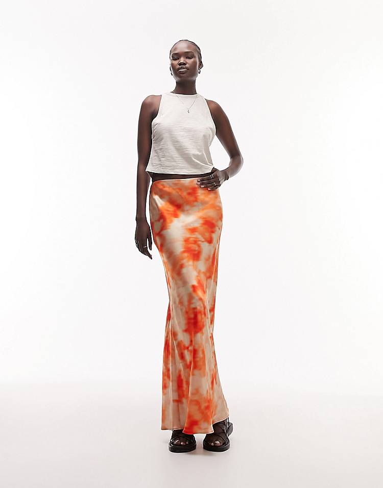 Topshop Tall tie dye printed maxi skirt in orange